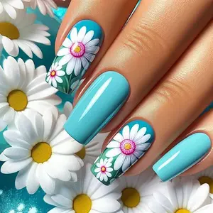 Daisy Pattern Fake Nails with Nail File & Tape, Removable False Nails for Women Girls Nail Art, Effortless Press on Nails Manicure Set, Nail Art Design