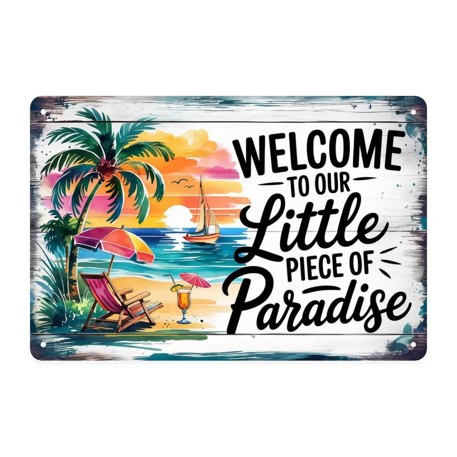 Tropical Beach Sunset Welcome to Our Little Piece of Paradise Tin Sign， Vintage Summer Ocean View Metal Sign Print Aesthetic Room Decoration for Home Bedroom Kitchen Bar Dorm Bathroom Wall Decor 8 X 1