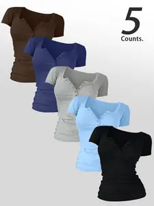 Women's Solid Color Button Decor Tee, Casual Short Sleeve Round Neck Basic T-shirt for Summer, Ladies Clothes for Daily Wear, Top