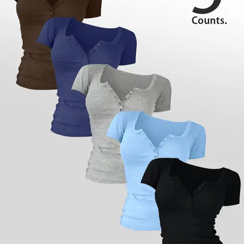 Women's Solid Color Button Decor T-Shirt, Casual Comfy Crew Neck Short Sleeve Minimalist Basic Summer Tee, Ladies Daily Wear Tops Round Neck