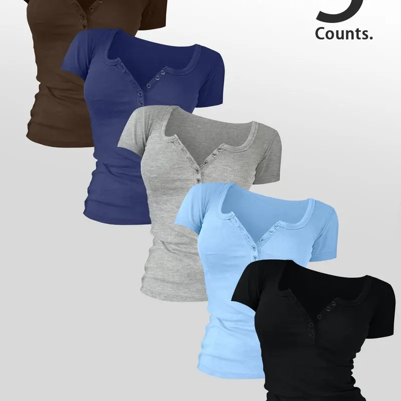 Women's Solid Color Button Decor T-Shirt, Casual Comfy Crew Neck Short Sleeve Minimalist Basic Summer Tee, Ladies Daily Wear Tops Round Neck