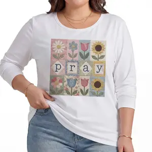 Plus Size Christian Shirt Women Floral Pray Graphic Tee Patchwork Quilt Design Cottagecore Aesthetic Relaxed Fit Faith Based Gift Comfy Top S-6XL
