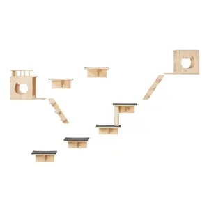 【fathersdaygift】VEVOR Wall Mounted Cat Shelves, Cat Wall Shelves and Perches with Jumping Boards, Cat Beds, Hammocks & Cat Tree, Cat Furniture and Shelves up to 40 lbs for Sleeping, Playing, Climbing, Set of 9