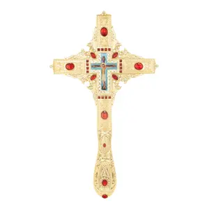 Orthodox Handheld Blessing Cross, 10.83×6.3 Inch Gold Plated Zinc Alloy Crucifix with Red Rhinestones, Christian Religious Prayer Cross for Church Ceremonies, Home Altar Decoration and Meaningful Religious Giftjavascript