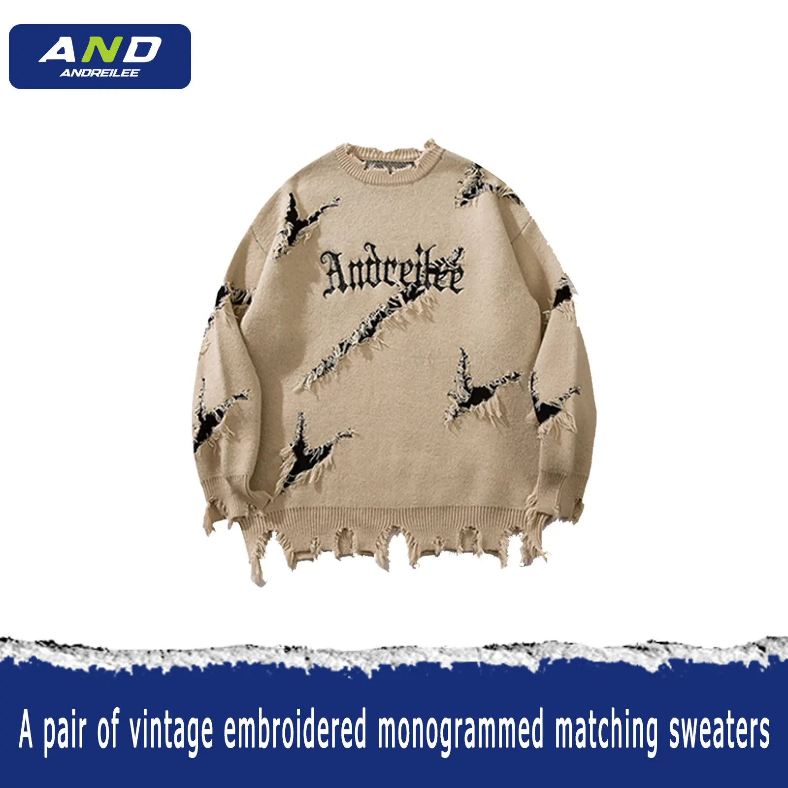 ANDREILEE Men Streetwear Letter Embroidery Distressed Ripped Casual Knitwear Sweater Autumn/Winter rodney's  sweater Springtok Jumper Jacket