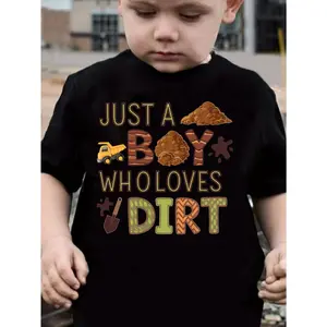 GOURD DOLL "Just A Boy Who Loves Dirt" Bulldozer Graphic Tee - Comfy Polyester Blend, Short Sleeve, Round Neck T-Shirt for Boys, Perfect for Summer Play (3-13Y)