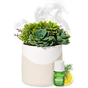 Plant Diffuser with Essential Oil Blend - Modern Planter, Succulent - Rechargeable Aromatherapy Diffuser, Artificial Faux Plants Home & Office - ClickWick Blend Included