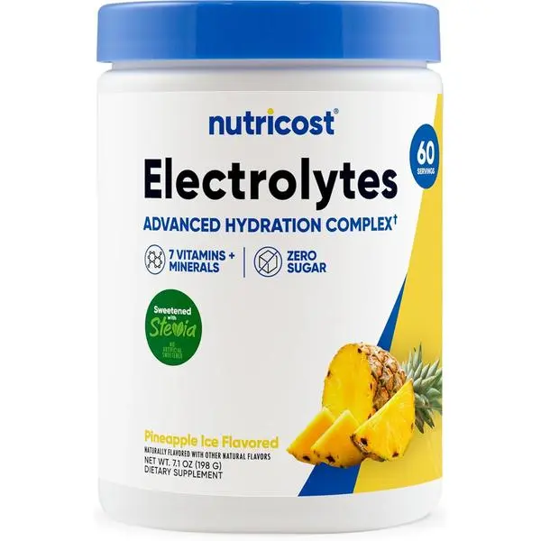 Nutricost Electrolytes Complex Powder (Pineapple Ice) 60 Servings - Advanced Hydration Complex, 7 Vitamins + Minerals, Zero Sugar, Sweetened with Stevia, Gluten-Free, GMO-Free