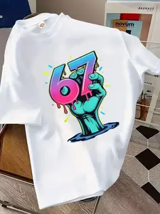 Fashion Boys Versatile Short Sleeve, Creative Cartoon Victory #67 Six Seven  Number Pattern Design, Casual Loose-Fitting T-Shirt for Outdoor Wear