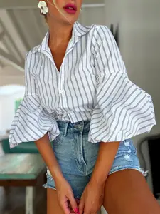 Spring Summer Blue Striped Fashion Elegant Turn-Down Collar Tie Bubble Sleeve Women's Shirt Top, Stylish Ladies Blouse for Casual Wear
