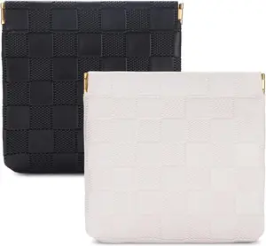 2 count Small Makeup Bag for Purse, Mini  Bag  Pouch for Women, Checkered Purse Self-closing  Lipstick Small Leather  Pouch (Black, White)