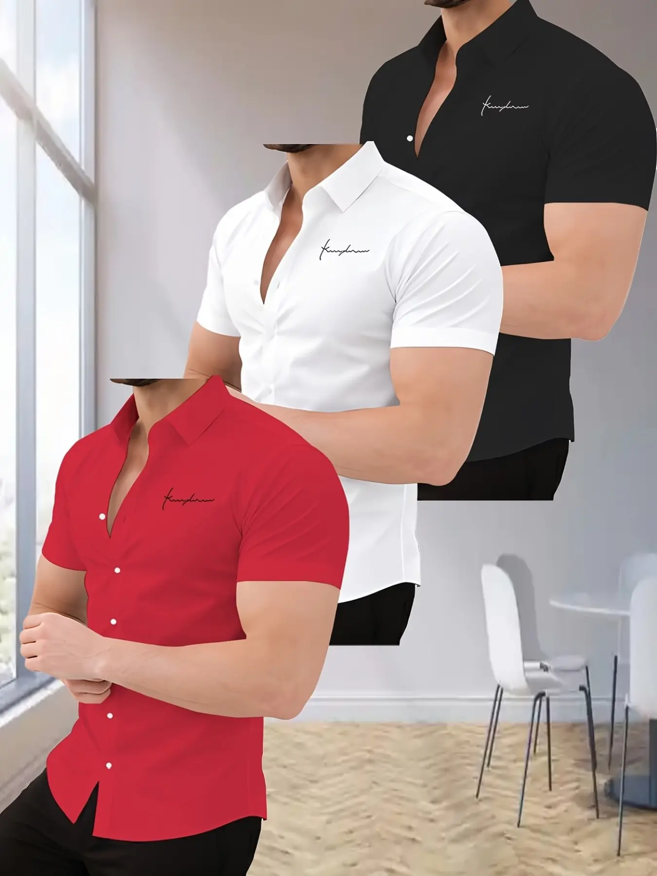 3-Pack Men's Short Sleeve Casual Button Up Collared Shirts, Top, Slim Fit, Fashionable Style, Suitable for Business Casual Wear, Office, Travel, All Seasons