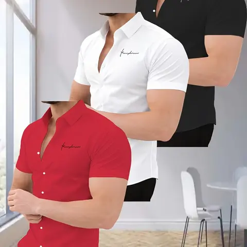 3-Pack Men's Short Sleeve Casual Button Up Collared Shirts, Top, Slim Fit, Fashionable Style, Suitable for Business Casual Wear, Office, Travel, All Seasons