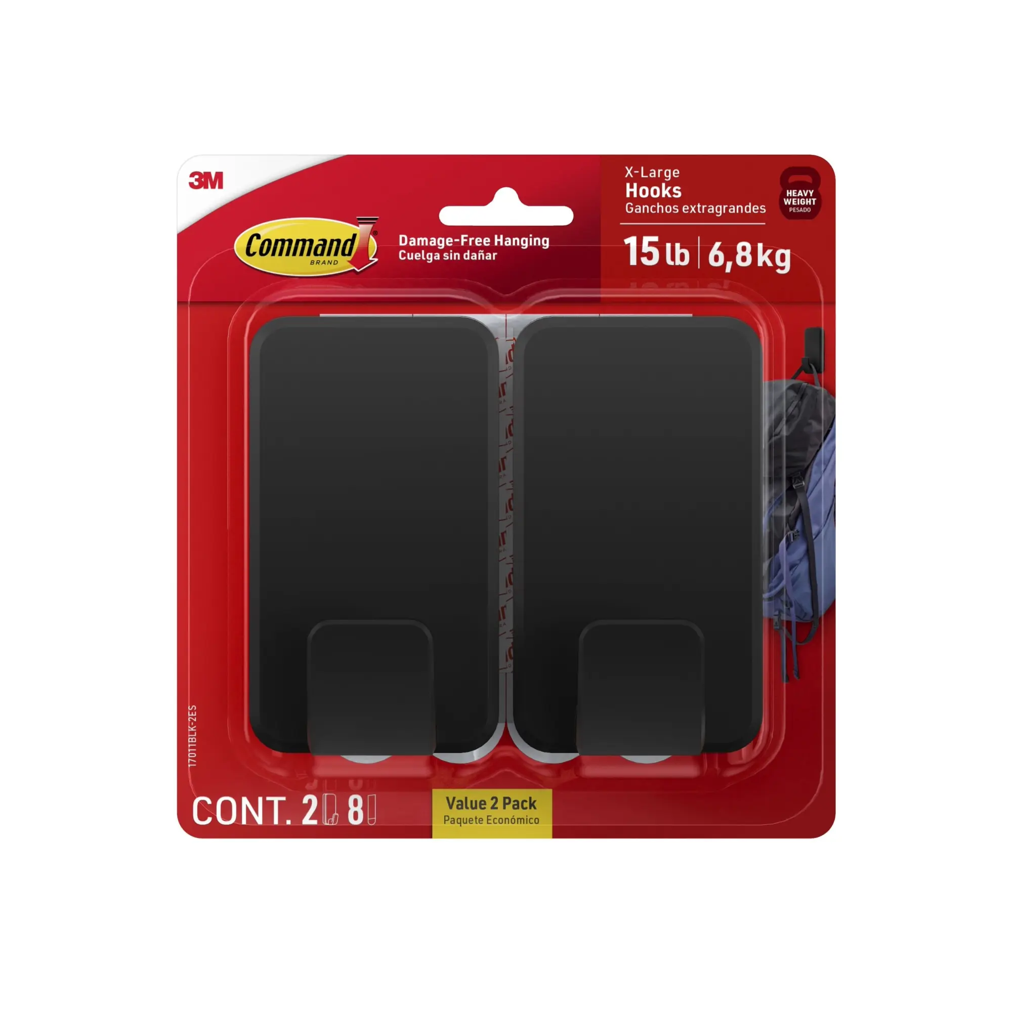 Command™ Jumbo Hook, 2 XL Hooks, 8 Adhesive Strips, Damage Free Hanging, No Tools Wall Hanging Strips For Living Spaces