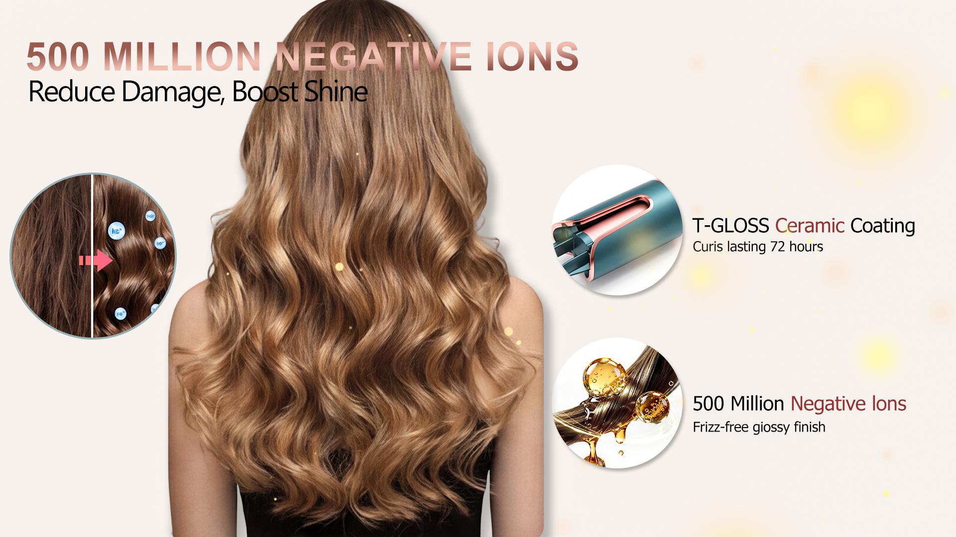 Automatic Rotating Curling Iron -  CURLPRO Beach Waves Curling Wand, Portable Hair Curler, 500 Million Ionic, Dual Voltage & Lightweight for Travel, Ceramic Coating, 1 Inch, Pink