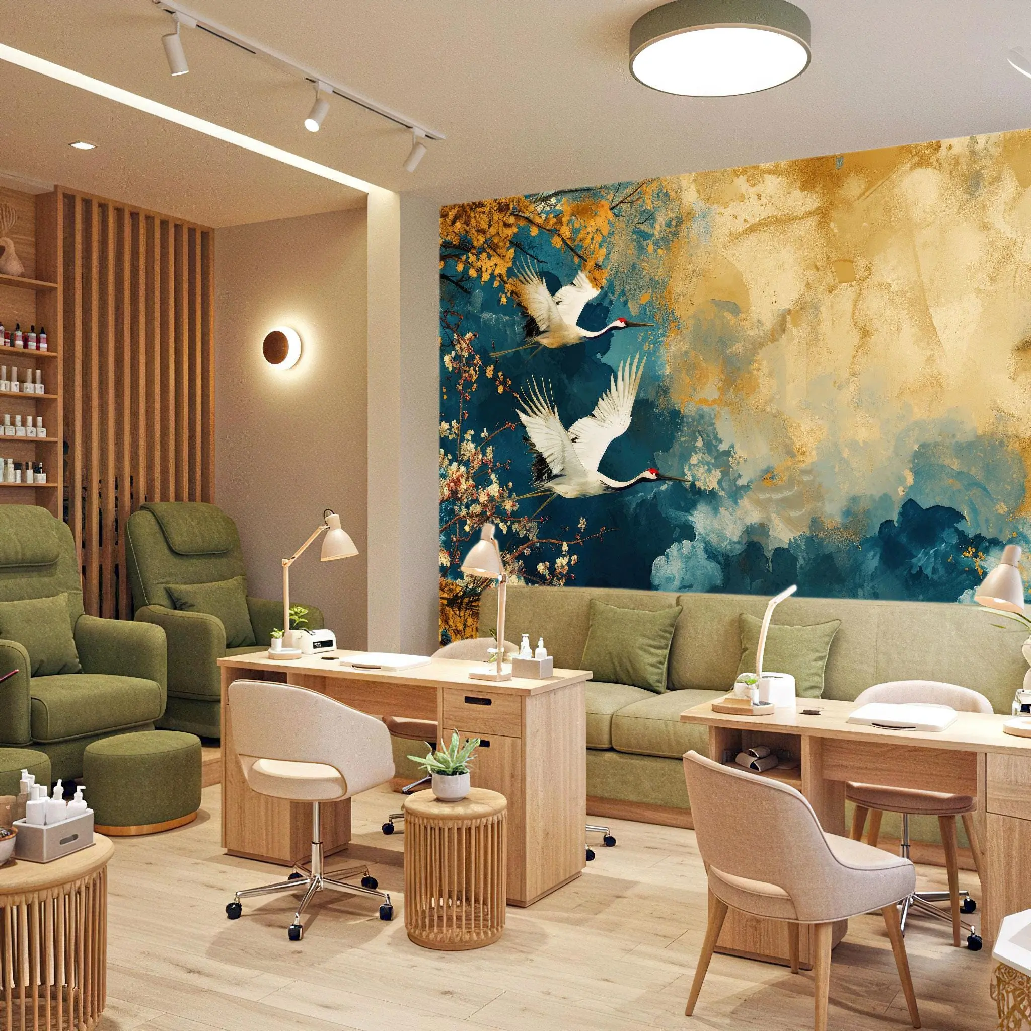 Luxury Crane Birds Wall Mural – Elegant Oriental Style Wallpaper for Spa, Wellness Lounge, Zen Room, Hotel Lobby, or Meditation Space