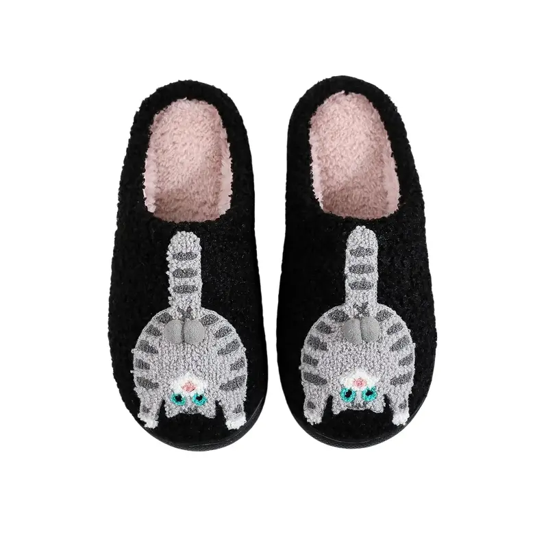 Women's Cat Cotton Slippers Fun & Comfortable Plush Footwear for Men & Women Autumn Winter Indoor Use Cozy Stylish - Girl Black