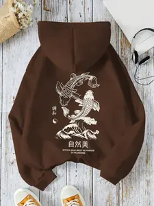 Women's Drawstring Pocket Graphic Print Hoodie with Yin Yang Fish Print, Casual Loose-Fit Fall & Winter Sweatshirt, Comfortable Fashion Essential