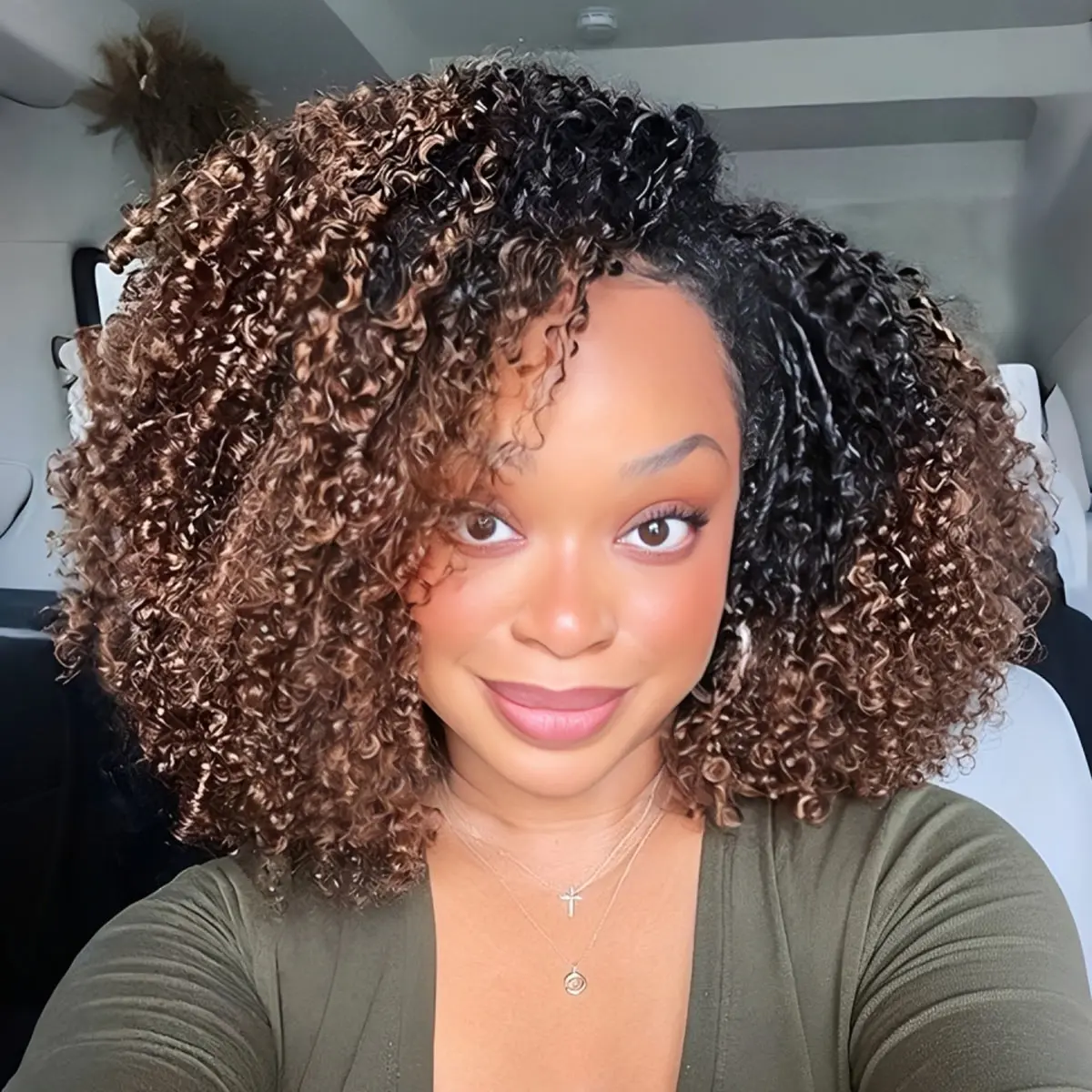 OQ HAIR Ombre Brown Colored Kinky Curly Half Wig Pre-Styled Layered 3 In 1 Drawstring Half Wigs 180% Density No Lace No Glue Glueless Human Hair Wig