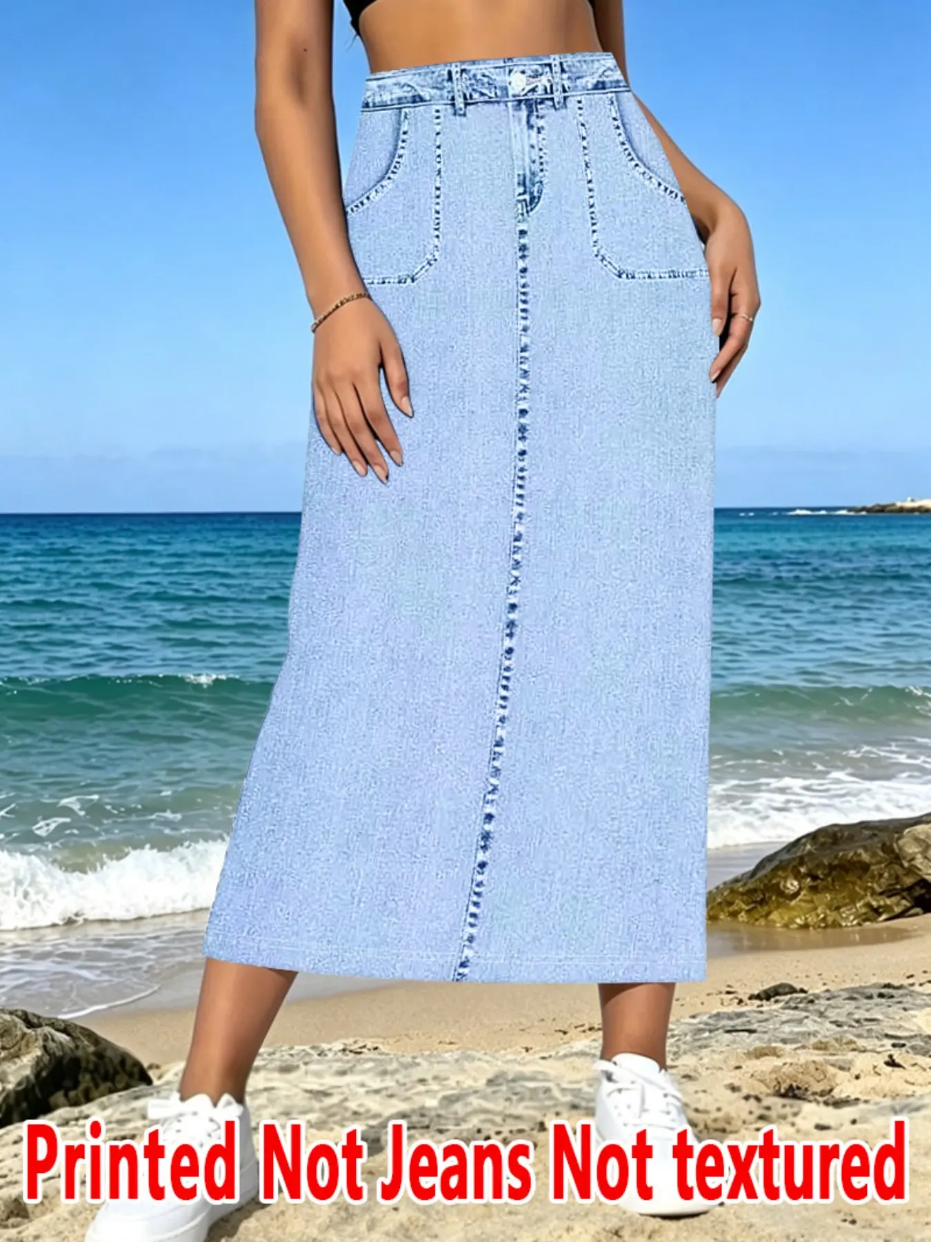Women's Denim Print Long Skirt, High-Waisted Loose-Fit Baggy Casual Skirt, All-Over Print, Natural Waist, Spring & Summer Fashion Bottom