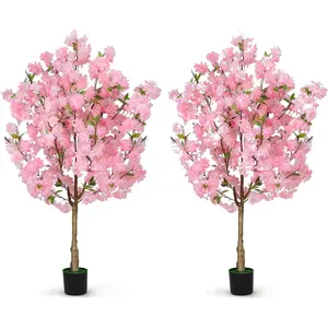 2 Pack Artificial Cherry Blossom Tree, Fake Plants Indoor Decor, Faux Pink Sakura Flowers for Living Room Home House Entryway Bedroom Office Inside Decorations, 4FT