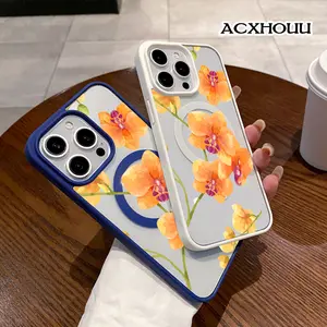 Orange Orchid Branch Chic Magnetic Case for  iPhone 17 16 E Pro Max 15 Plus 14 13 12 11 XS XR Magnetic Charging, Lightweight, Anti-Fall | Soft & Sweet Design
