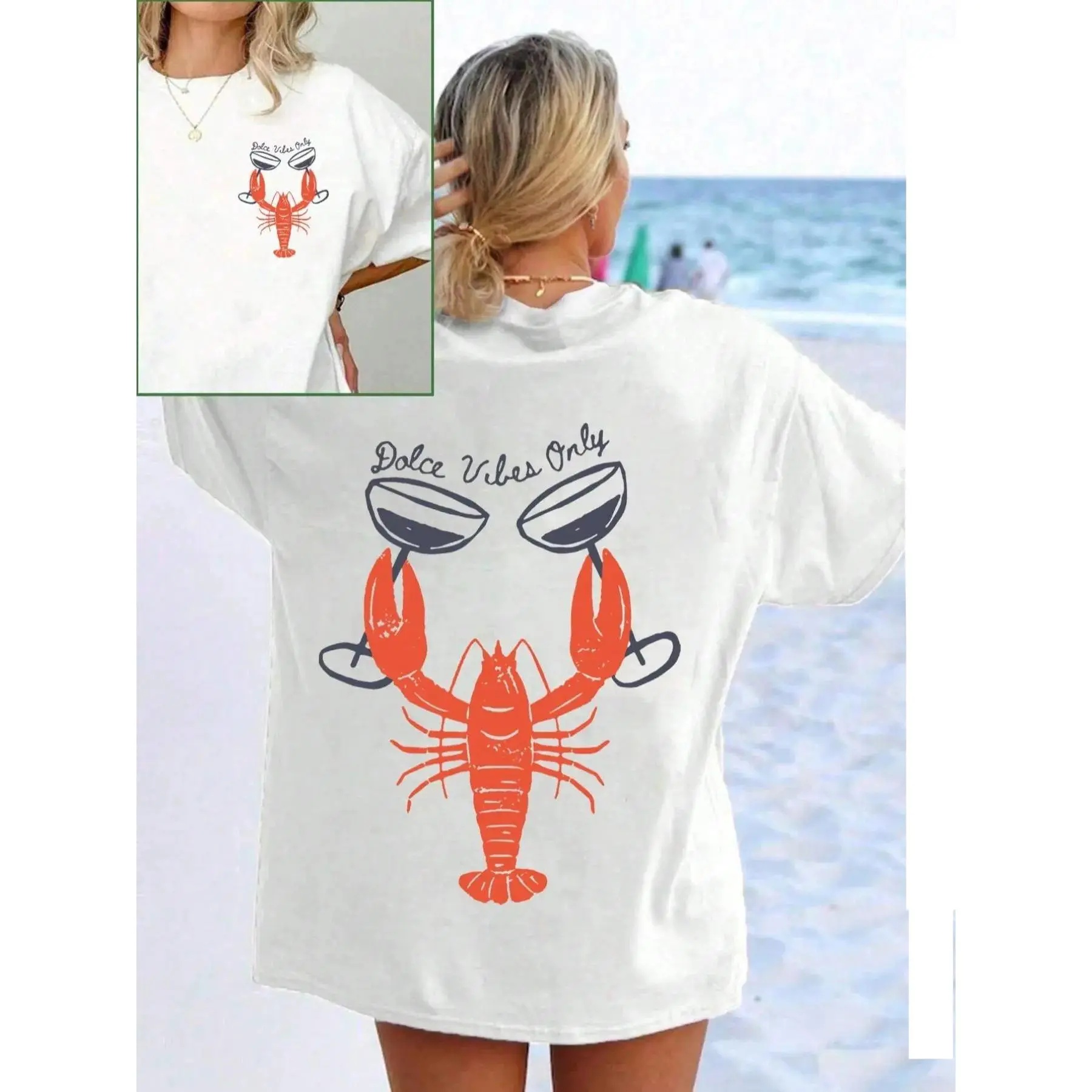 The round-neck lobster and wine pattern T-shirt, a short-sleeved T-shirt decorated with retro and modern letter patterns, is suitable for daily wear and is one of the essential items for women in summer.It is also an excellent choice for tops.