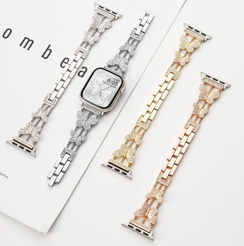 Compatible with Apple Watch – Stainless Steel Metal Butterfly-Clasp Chain Wristband