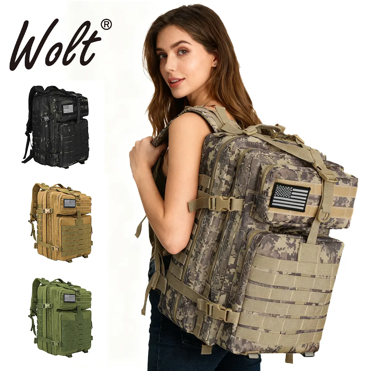 Wolt Women's Tactical Assault Pack, 45L High-Capacity Military Molle Backpack, Durable Waterproof EDC Bag for Travel, Work & Outdoor Activities