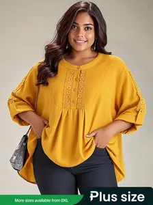 Plus Size Women's Lace Patchwork Shirt, Casual Fashion Blouse, Elegant Contrast Lace Design, Comfortable Fit for Daily Wear