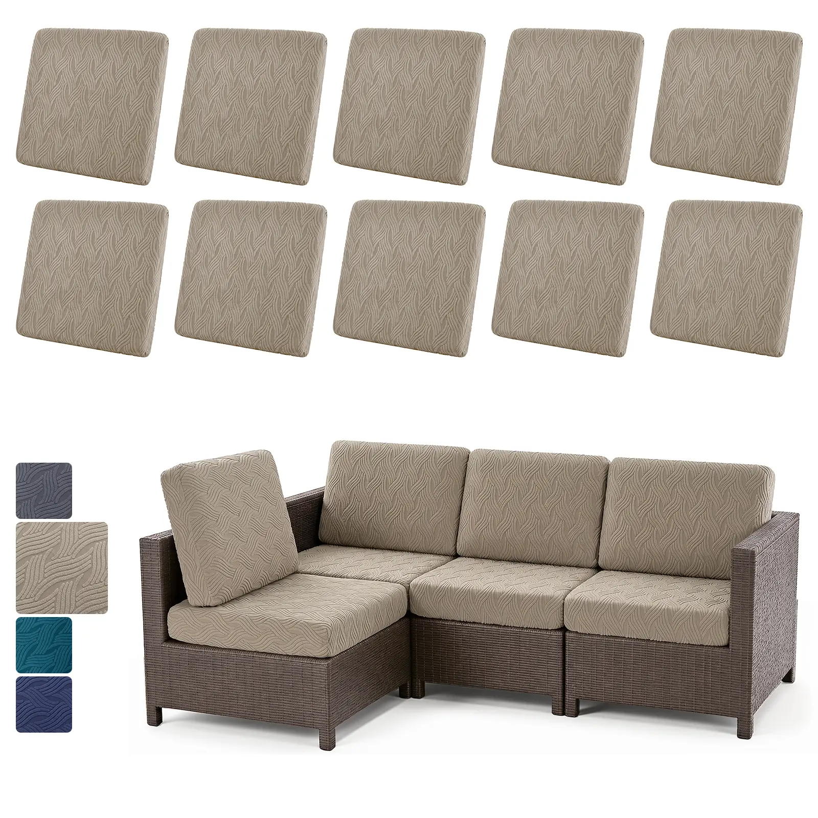 LOKHOM Set of 10 Stretch Polyester Blend (20% Spandex) Chair Couch Cushion Covers, Sun Protection Waterproof Technology Indoor/Outdoor Sofa Furniture Protectors with Elastic Bottom, All-Seasons Slipcovers for Coordinated Look