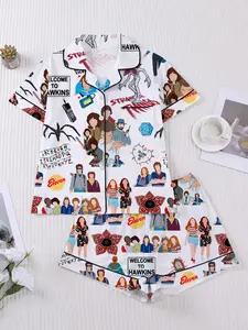 Ladies' Stranger Things Printed Pajamas Set, Short-Sleeve Button-Up Pajamas, Summer Casual Pajamas Set, Two-Piece Set"