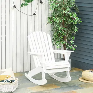 Outdoor Wooden Rocking Chair - White Finish Fire Pit Seating Lounge Chair with Slatted Wooden Design and Fanned Back