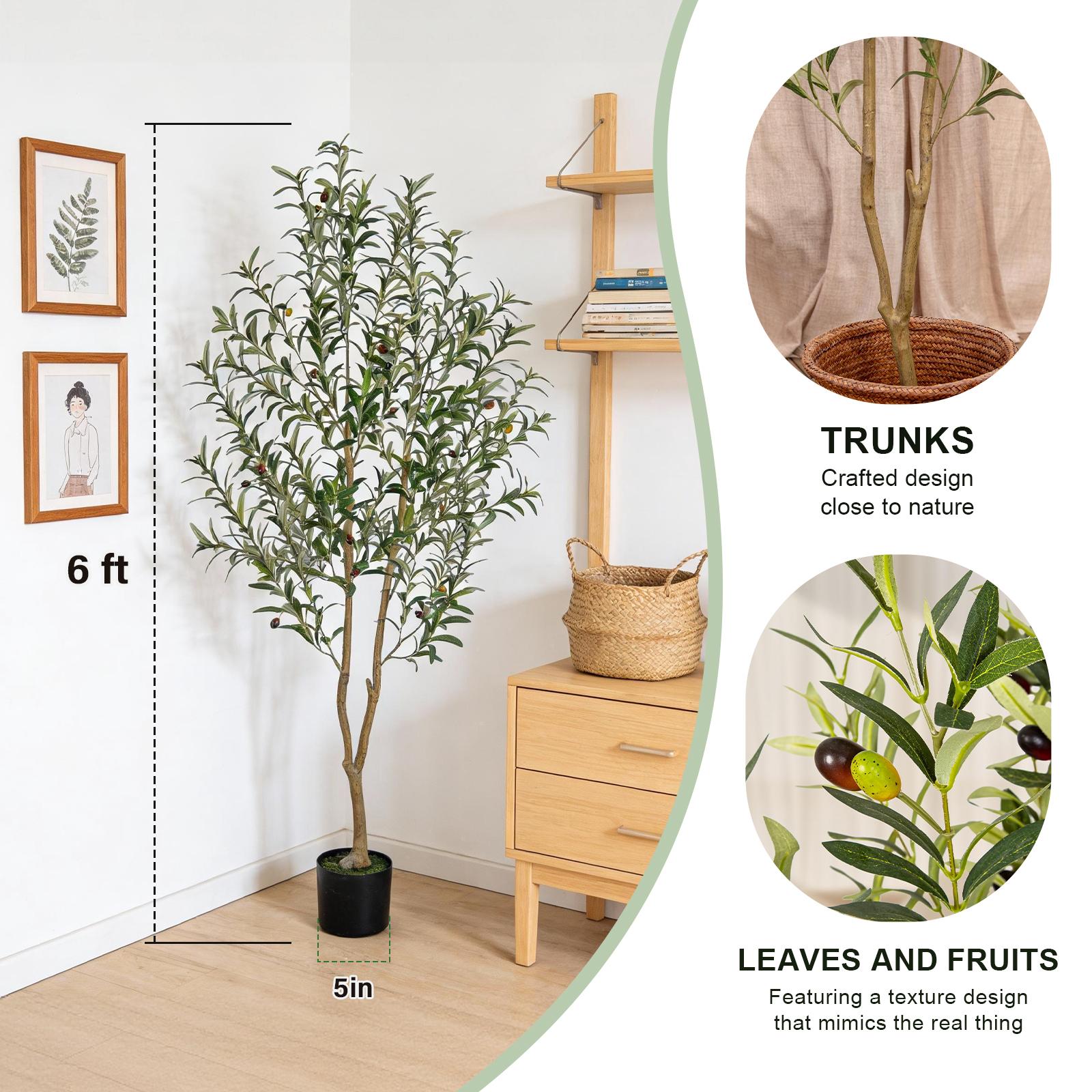 Includes Black Plastic Planter ！！！— 6ft / 7ft / 8ft Indoor Artificial Olive Tree  84-Inch Lifelike Faux Olive Tree with Fruit  Potted Artificial Tree for Home and Office Decor.