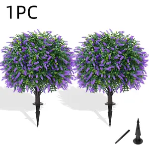 Artificial Boxwood Topiary Ball with Lavender, Set of 1 Artificial Shrub Bushes with Ground Spike, UV Resistant Fake Evergreen Plant Tree for Porch Outdoor Planters Indoor