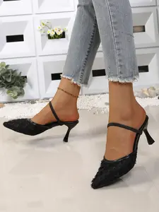 One Strap Lace Pointed High Heel Shoes, Rose Texture, Versatile Slimming Backless Shoe, Fashionable and Stylish Footwear
