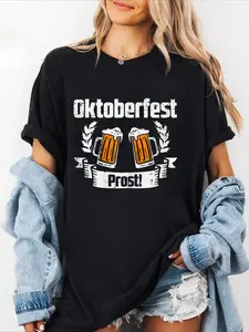 100% cotton Oktoberfest Prost Toast German Bavarian Festival Men Women T-Shirt Women Graphic T-Shirt Cotton Print short Sleeve Casual Top, Summer Tee Womens Tops