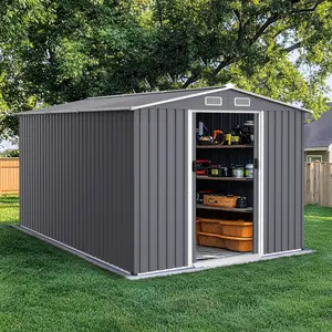 Outdoor Storage Shed 8 x 10 FT Large Metal Tool Sheds, Heavy Duty Storage House with Sliding Doors with Air Vent for Backyard Patio Lawn to Store Bikes, Tools, Lawnmowers Grey    RR