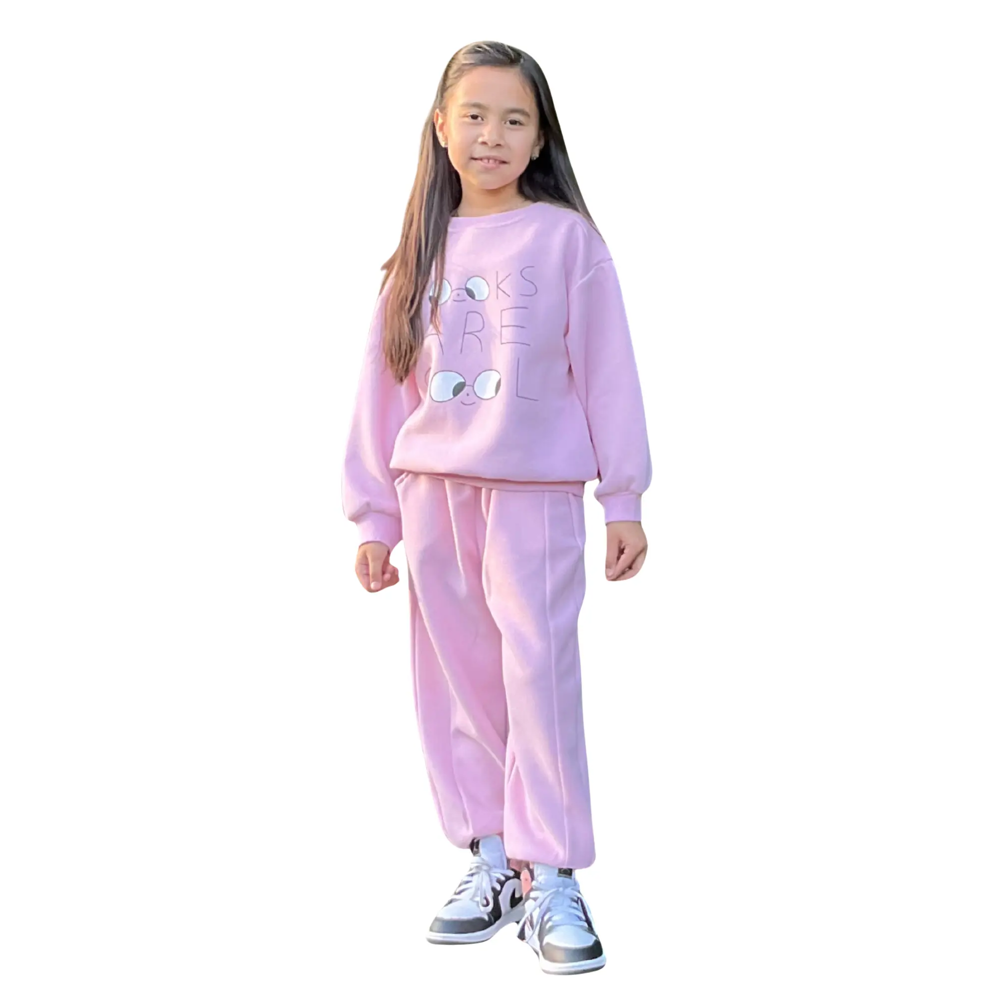 Pink 2-Piece Soft Cotton Cozy Tracksuit Set - Crew Neck, Graphic Long Sleeves, Pants, Normal Type, Machine Washable for Fall Casual Everyday Comfort