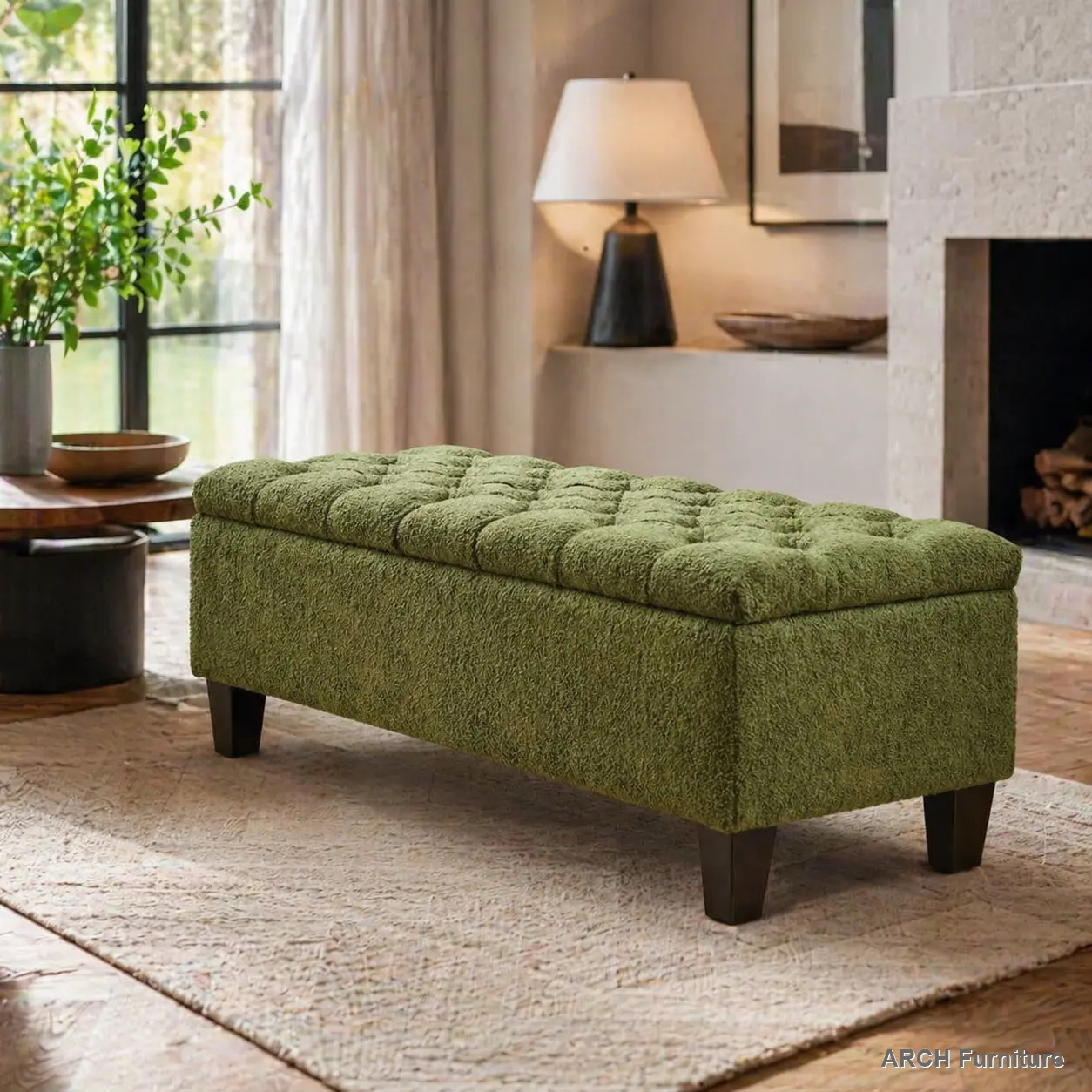 Boucle Fabric Furniture Ottoman Bench - 51x17x18in, Green Surface, Rubberwood Legs, Button Tufted Upholstered Diamond Stitch, Extra Seat, Storage Lid, 300 lbs Weight Capacity, Living Room Decor