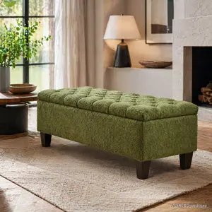 Boucle Fabric Storage Ottoman Bench - Green Surface, Rubberwood Legs, Button-Tufted Diamond Stitch, Extra Seat, Storage Lid, 300 lbs Weight Capacity