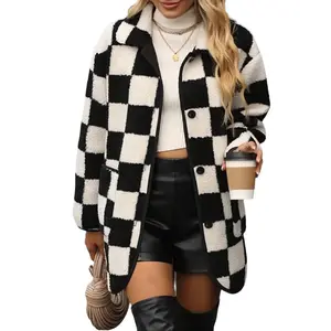 Black Checkered Side Pockets Collared Buttoned Fleece Jacket