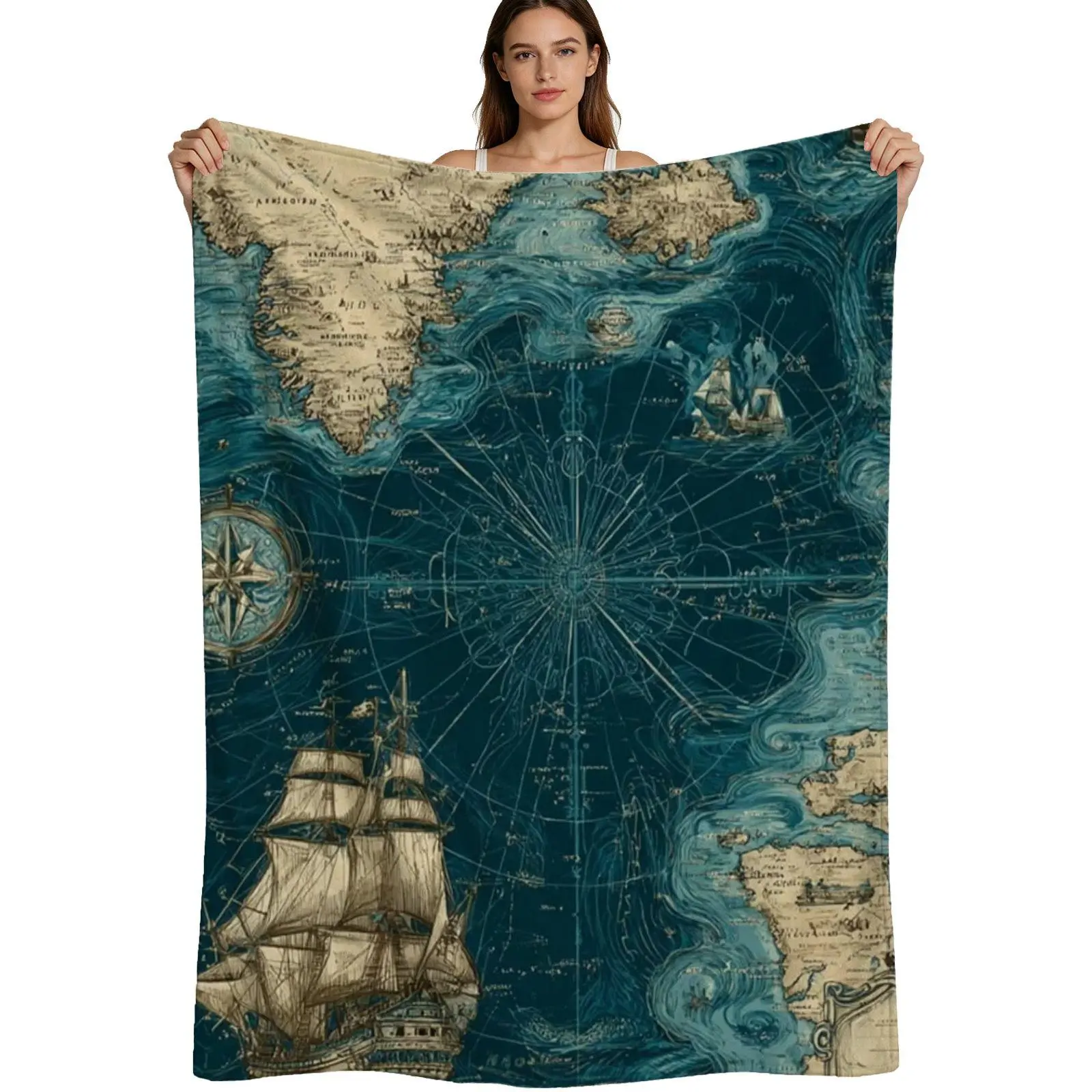 Vintage Nautical Map, Warm Flannel Blanket, Ancient Ship And Compass Rose Design, Soft Plush Fabric With Detailed Print, For Home Decor And Travel Lovers, 4 Sizes Available Single Pack