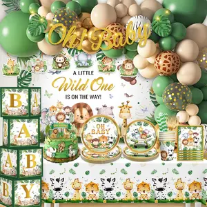 260pcs safari baby shower decorations allin1 safari party supplies pack with 20 plates baby boxes with letters backdrop tablecloth balloon garland kit for baby shower serves 20 guests
