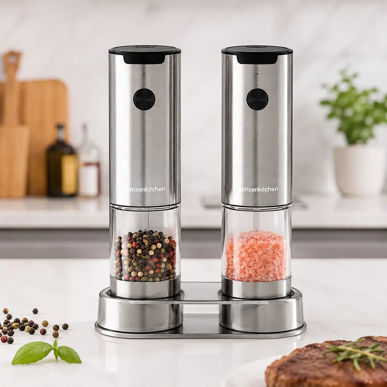 Bonsenkitchen Electric Grinder Set, Dual Salt & Pepper Mill, Stainless Steel, SG8601