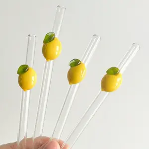 Cartoon Lemon & Cherry Design Curved Glass Straws, Set of 2/4, Perfect for Milkshakes, Soda, Juice, Parties, Outdoor Picnics, Glass Straw Drinkware