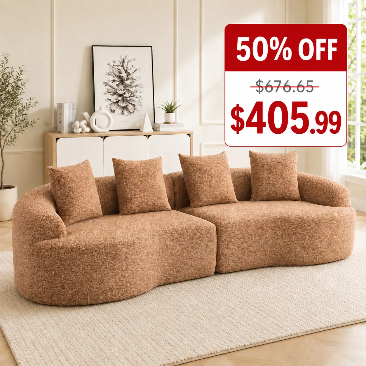 Tactow 111-inch Luxury Curved Sectional Sofa| Corduroy 4-Seater Memory Foam Couch| 4 Pillows