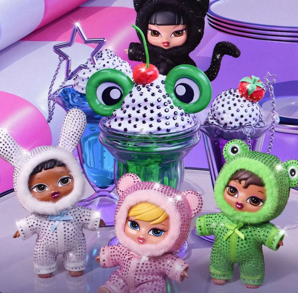 Bratz Bratziez Y2K Bling Mystery Plushie Blind Box | Rhinestone Animal Onesie Doll Bag Charm & Keychain Pendant Gift