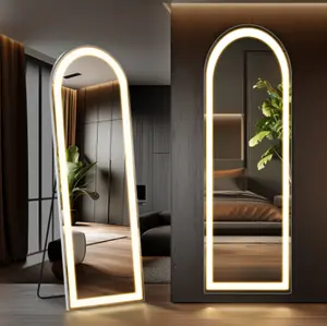 3-color  Lighting Mirror with LED Lights, 64"x21" Lighted Floor Standing Mirror with Stand, Wall Mounted Hanging Glass Decor Durable Switch adjustable