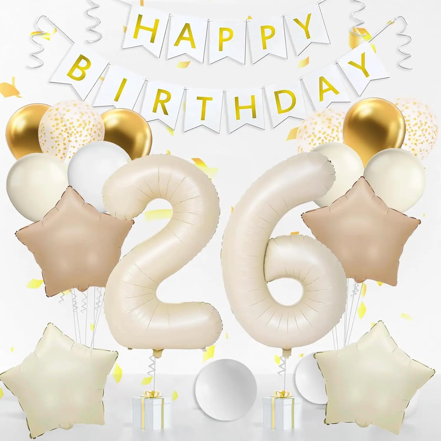 Women's 26th Birthday Decoration Set - 40-Inch Beige Numbered Balloon, White Colorful Banner, Stars, Birthday Graphic, Decorative Letter Items for White & Gold Party Supplies, Birthday Graphic Balloons